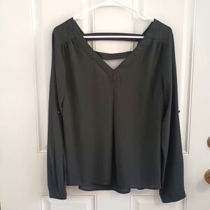 Anthropologie 41 Hawthorn black v neck long sleeve blouse strappy back size S
